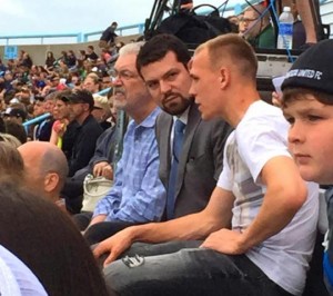 Cody Cropper visits with MN United President Nick Rogers and owner Bill McGuire at a game last summer. Photo by Brian Quarstad