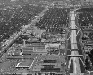 Aerial photo showing Midway Shopping Center (foreground left) and Montgomery Ward building along University Avenue in St. Paul, ca. 1970s. (Courtesy Ramsey County Historical Society)